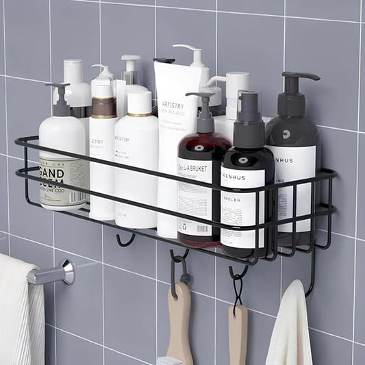 Platina Wall Mounted Iron Bathroom Shelf with Towel Bar Hooks, Black Metal Storage Rack, Toilet Paper Holder, Multi-Function Organizer